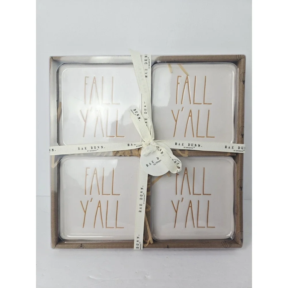 Rae Dunn Coaster set of 4 Fall Ya'll Halloween‎ orange white NEW